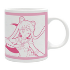 Fans Geek Store white ceramic mug featuring a pink line art illustration of Sailor Moon and Luna, 320 ml capacity.