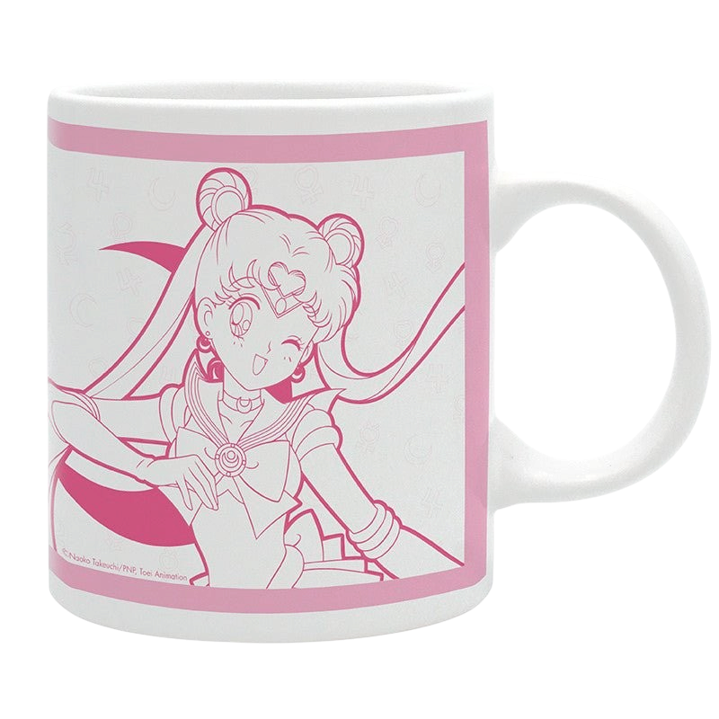 Fans Geek Store white ceramic mug featuring a pink line art illustration of Sailor Moon and Luna, 320 ml capacity.
