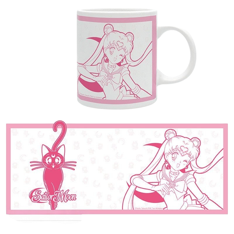 Fans Geek Store Sailor Moon and Luna ceramic mug featuring a pink line art design on a white background