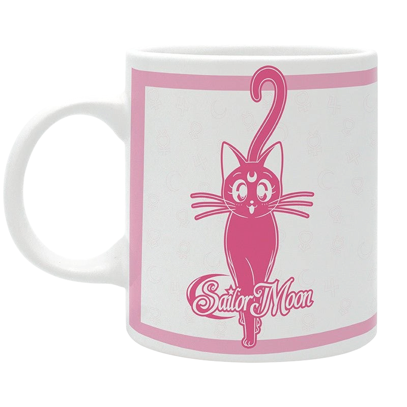 Fans Geek Store white ceramic mug featuring a pink Sailor Moon and Luna cat design, 320ml capacity.