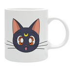 Fans Geek Store white ceramic Sailor Moon mug featuring a cute Luna cat face design with a yellow crescent moon