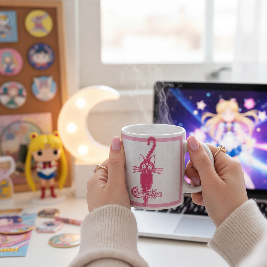 Fans Geek Store ceramic mug featuring a pink Sailor Moon and Luna design held by hands in a cozy desk setting