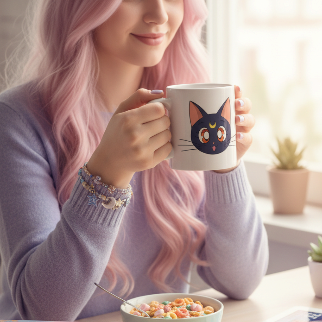Fans Geek Store ceramic Sailor Moon mug featuring Luna, held by a woman with pink hair in a cozy sunlit room.
