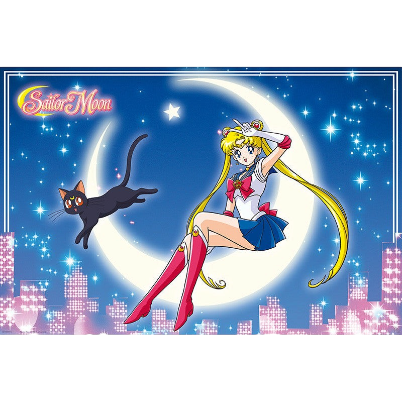 Fans Geek Store Sailor Moon and Luna anime poster featuring Usagi sitting on a crescent moon against a starry sky.