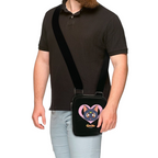 Fans Geek Store Sailor Moon Luna shoulder bag in black with a pink heart graphic worn by a man