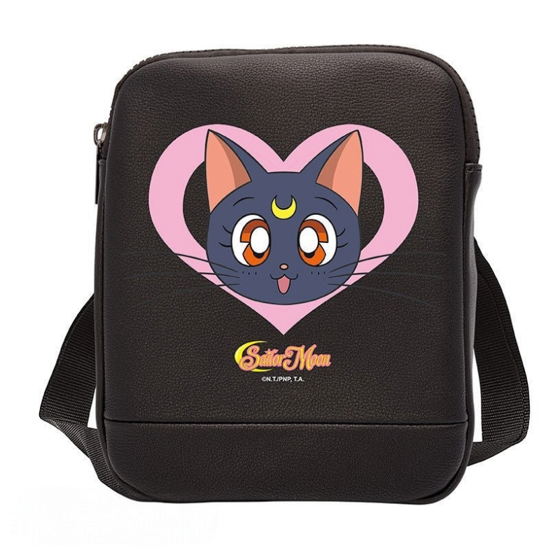 Fans Geek Store Sailor Moon Luna cat shoulder bag in black faux leather with a pink heart graphic