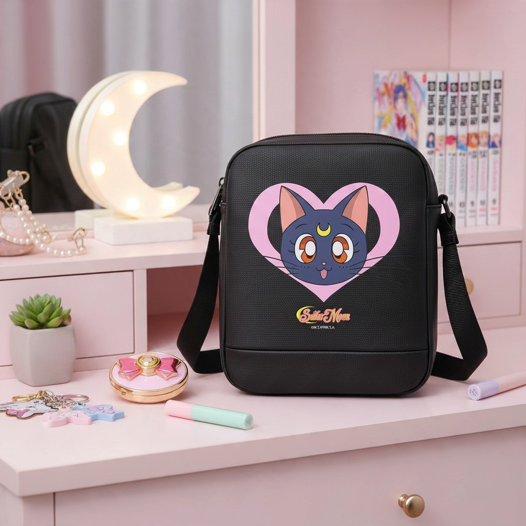 Fans Geek Store black Sailor Moon Luna shoulder bag with a pink heart graphic on a pink vanity table.