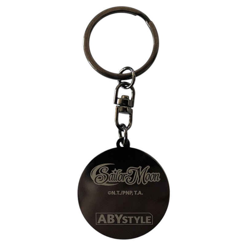Fans Geek Store round metal Sailor Moon keychain with engraved logo and branding on a silver keyring