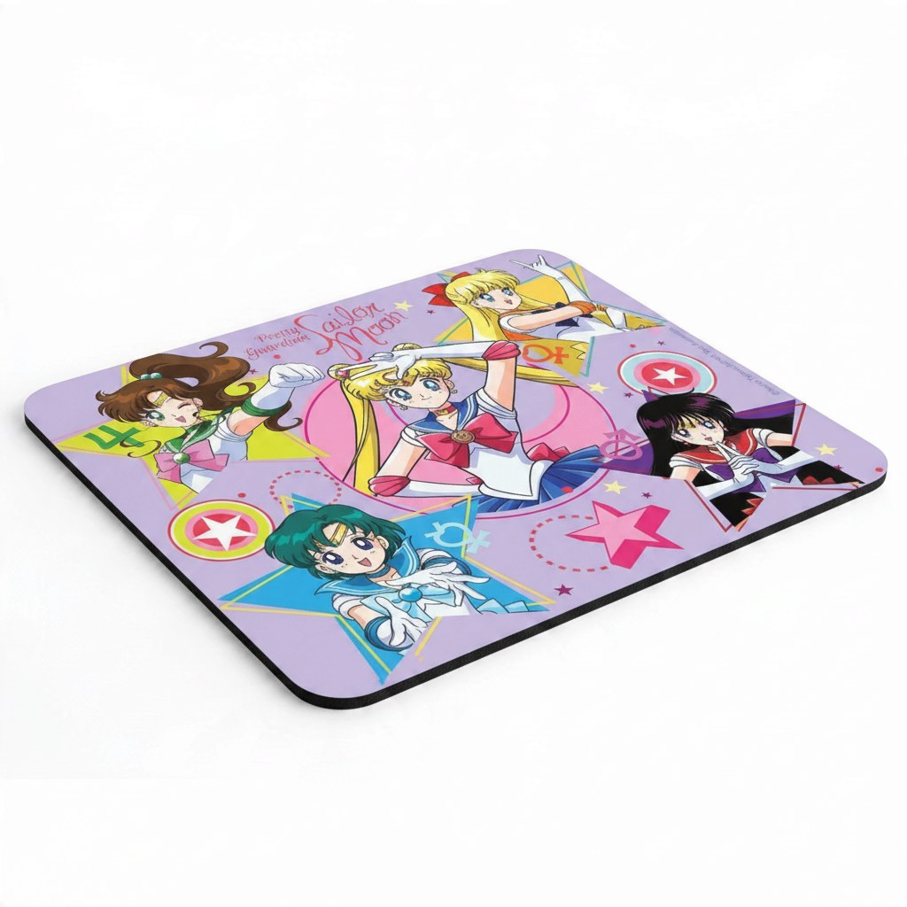 Fans Geek Store Sailor Moon mouse pad featuring the Sailor Warriors on a purple background with a smooth fabric top