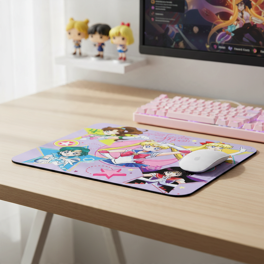 Fans Geek Store Sailor Moon mouse pad with Sailor Warriors print on a wooden desk with a keyboard and mouse