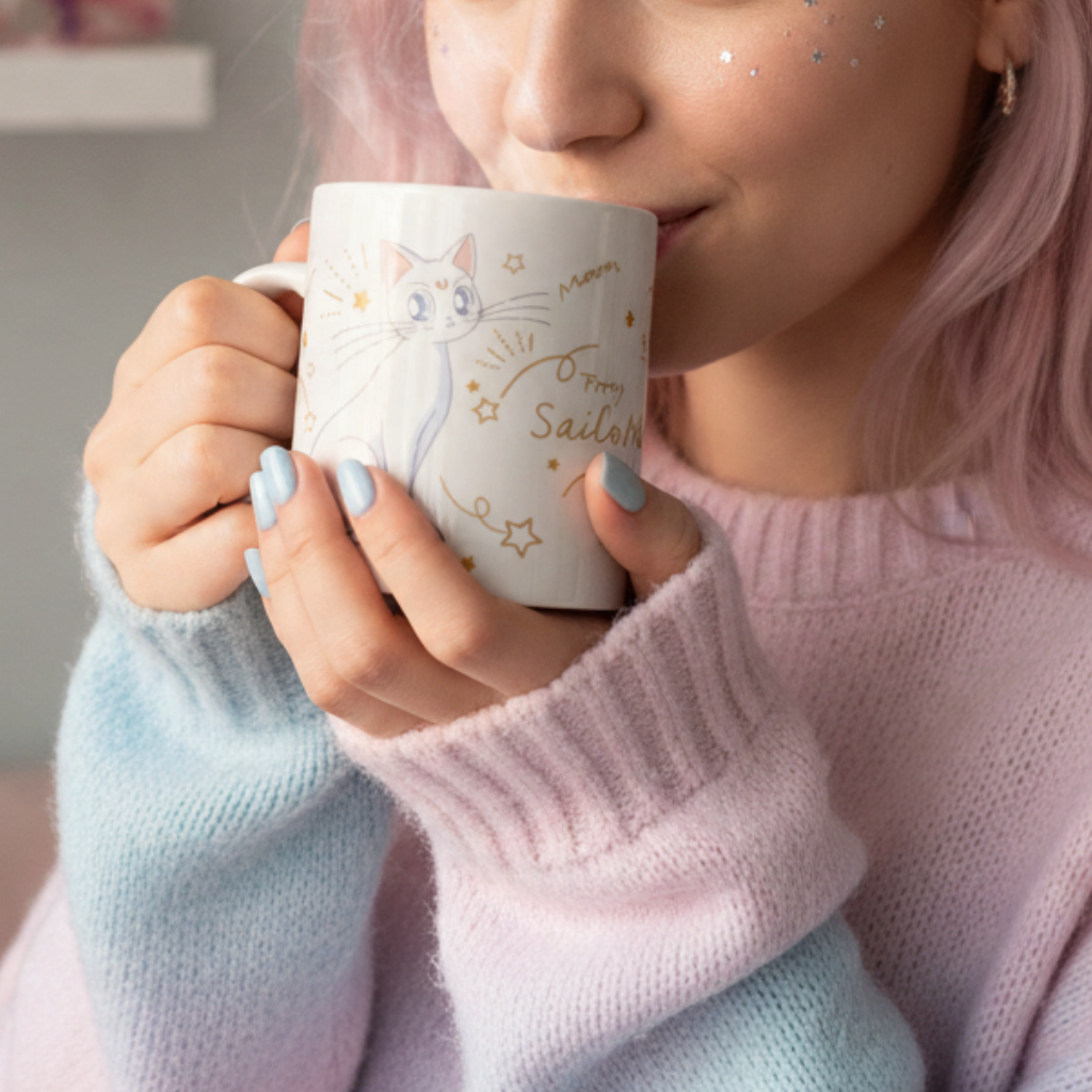 Fans Geek Store Sailor Moon mug featuring Artemis the cat with a matte finish held by a person in a pastel sweater