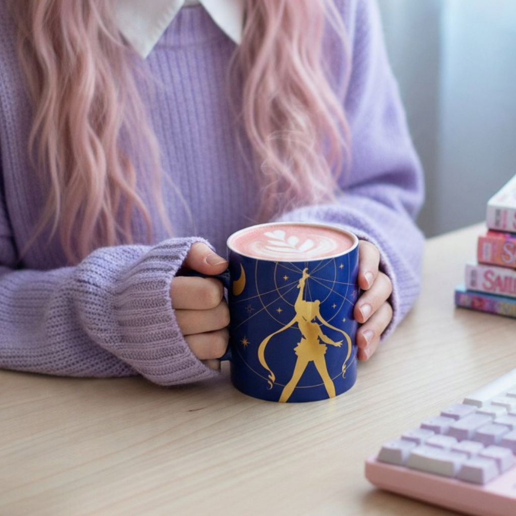 Fans Geek Store Sailor Moon ceramic mug with gold stars and matte finish held by a person in a lilac sweater