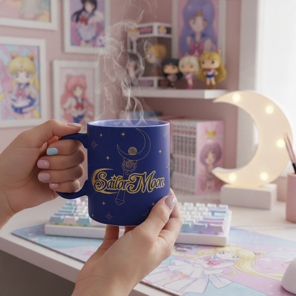 Fans Geek Store blue ceramic Sailor Moon mug with gold stars and logo held in hands with steam rising