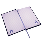 Fans Geek Store Sailor Moon A5 notebook open to lined pages featuring Luna and Artemis illustrations and a ribbon marker