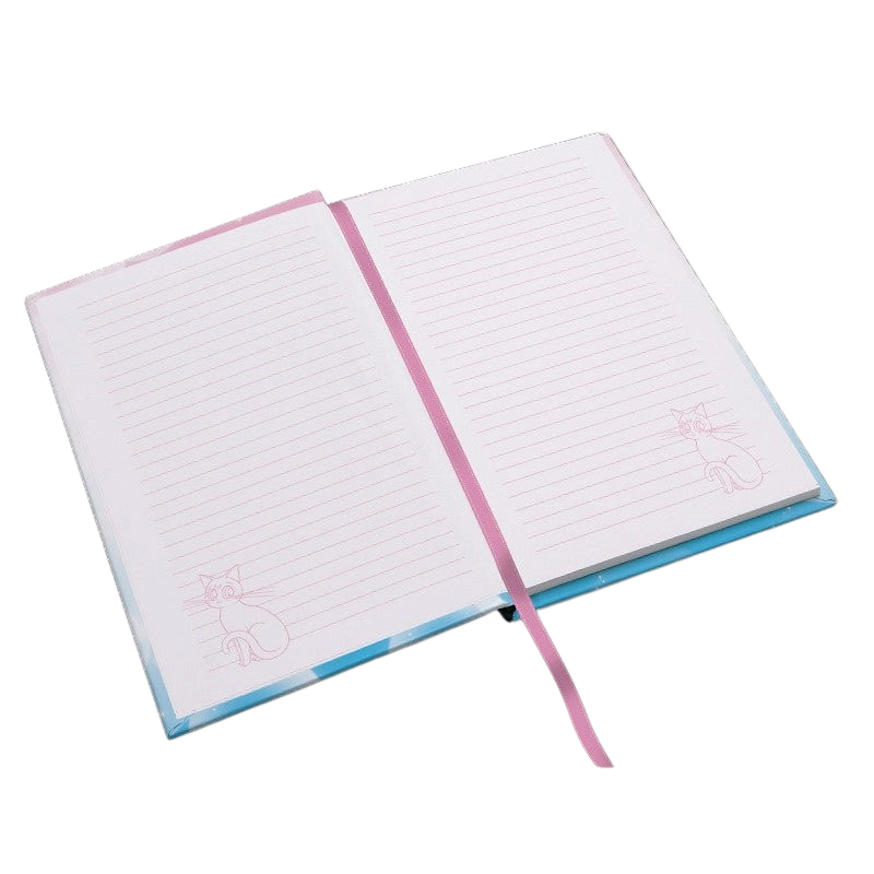 Fans Geek Store Sailor Moon A5 notebook open to lined pages featuring pink Luna cat illustrations and a ribbon marker