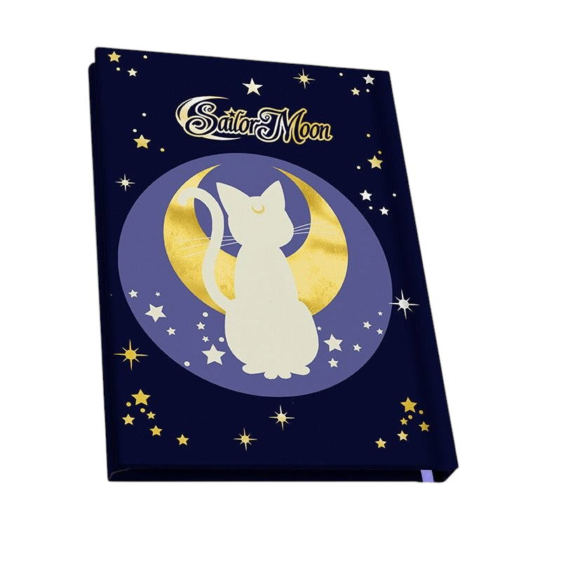 Fans Geek Store Sailor Moon A5 notebook featuring a navy blue cover with Luna, a gold crescent moon, and stars.