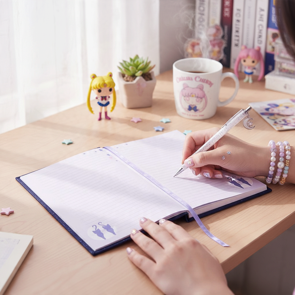Fans Geek Store Sailor Moon A5 notebook with Luna and Artemis design, featuring lined pages and a purple ribbon marker.