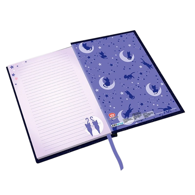 Fans Geek Store Sailor Moon A5 notebook open to reveal lined pages with Luna and Artemis cat illustrations
