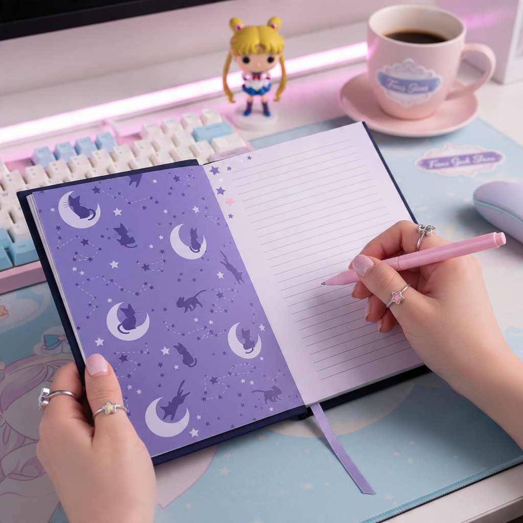 Fans Geek Store Sailor Moon A5 notebook with Luna and Artemis pattern, open on a desk with a pink pen and accessories.