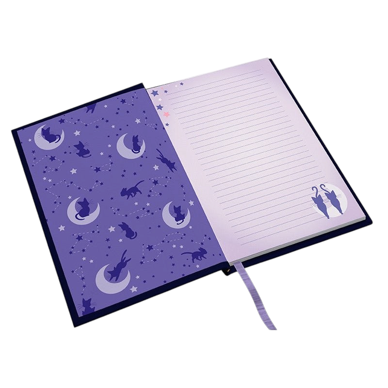 Fans Geek Store Sailor Moon A5 notebook featuring Luna and Artemis with purple moon and star patterned pages