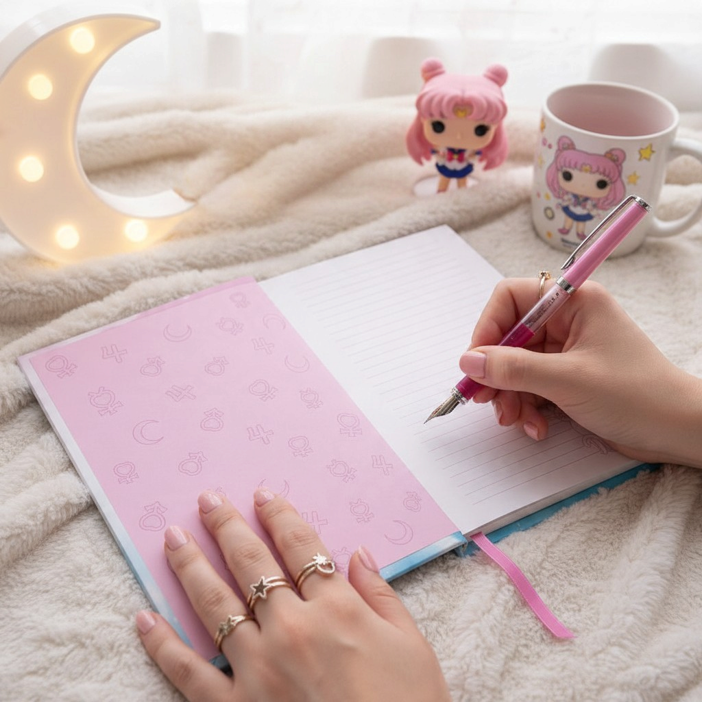 Fans Geek Store Sailor Moon A5 notebook with lined pages and Luna print, being used by a person with a pink pen