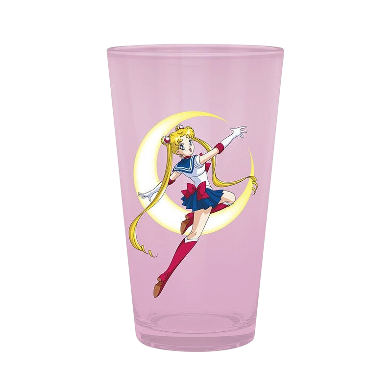 Fans Geek Store Sailor Moon glass featuring a pink tint and a graphic of Sailor Moon posing in front of a crescent moon