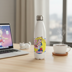 Fans Geek Store Sailor Moon and Luna stainless steel 500ml thermos bottle with anime graphic on a wooden desk.