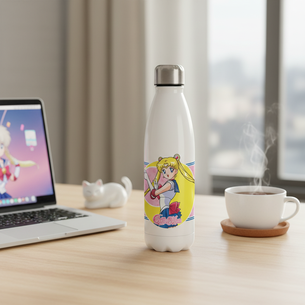 Fans Geek Store Sailor Moon and Luna stainless steel 500ml thermos bottle with anime graphic on a wooden desk.
