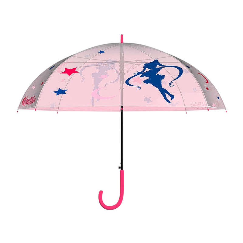 Fans Geek Store Sailor Moon umbrella with pink canopy, blue character silhouettes, star motifs, and rubber handle.