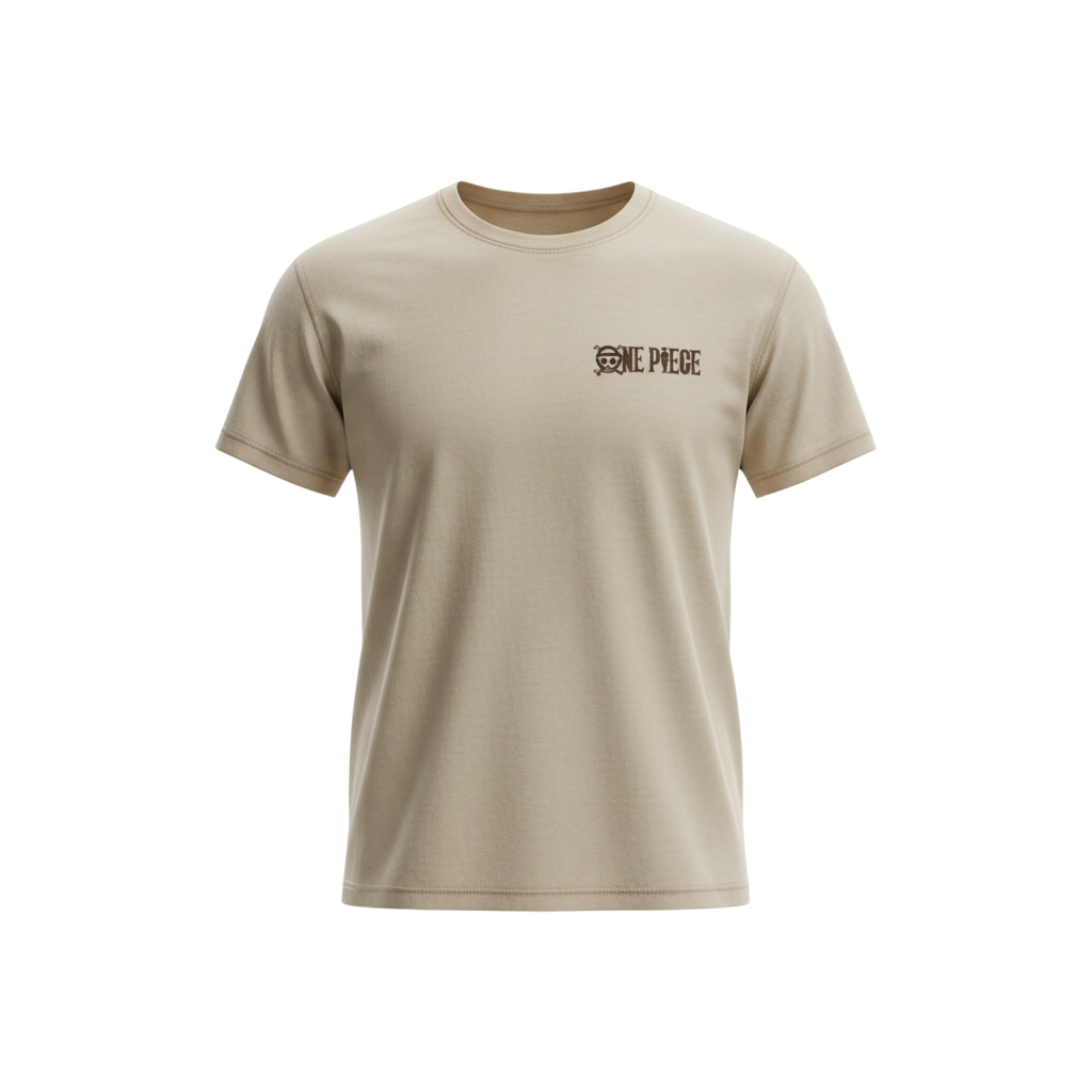 Fans Geek Store sand-colored unisex One Piece cotton t-shirt with a small logo on the chest