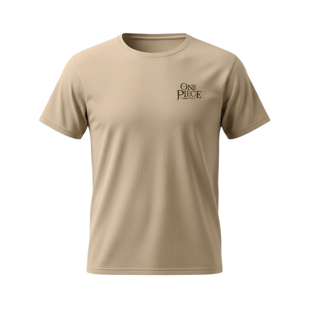 Fans Geek Store sand-colored One Piece cotton t-shirt with a small logo on the chest and a crew neck