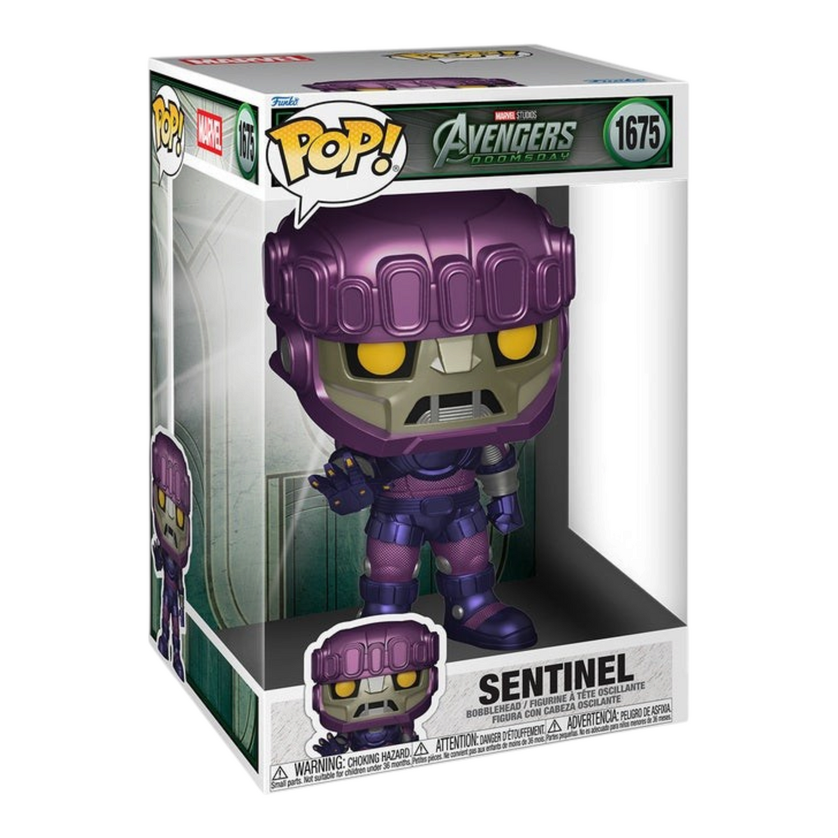 Fans Geek Store Marvel Avengers Doomsday Sentinel jumbo vinyl figure in window box with purple armor and yellow eyes