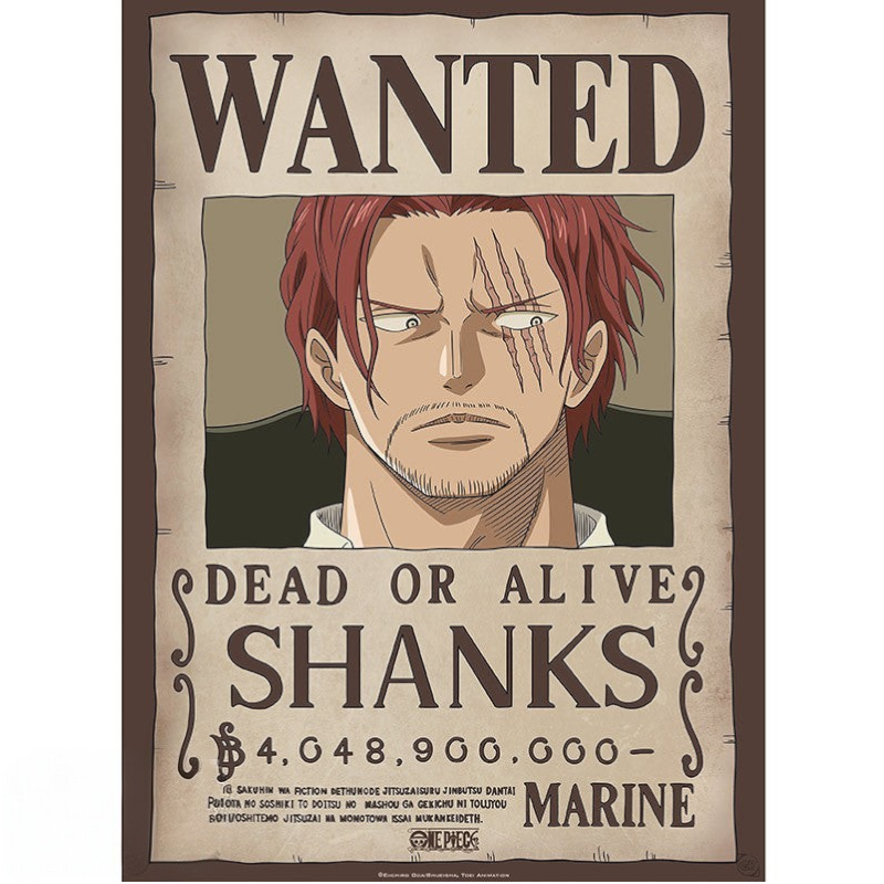 Fans Geek Store One Piece wanted poster featuring Shanks with red hair and facial scars on laminated paper