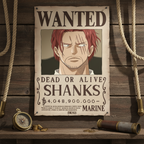Fans Geek Store One Piece Shanks wanted poster featuring a chibi illustration on laminated paper against wood planks.