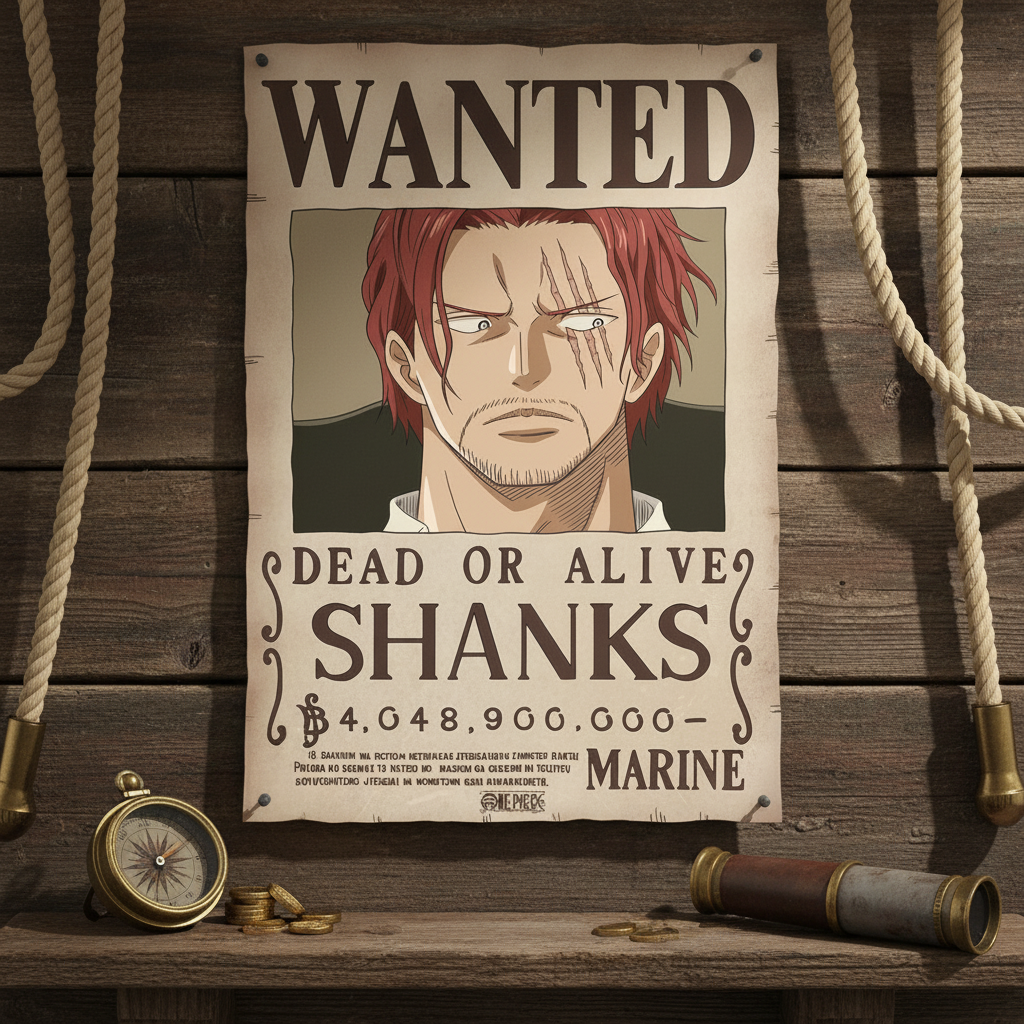 Fans Geek Store One Piece Shanks wanted poster featuring a chibi illustration on laminated paper against wood planks.