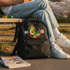 Fans Geek Store black Dragon Ball Shenron polyester backpack with front pocket, sitting on a park bench.