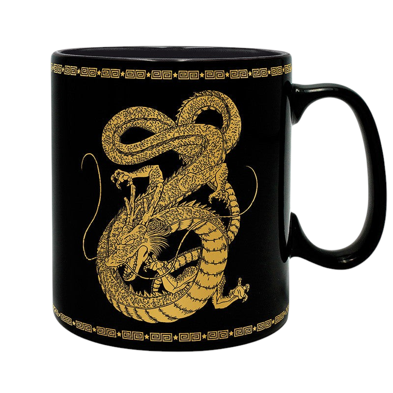 Fans Geek Store black ceramic mug featuring a gold Shenron dragon design from Dragon Ball with foil accents