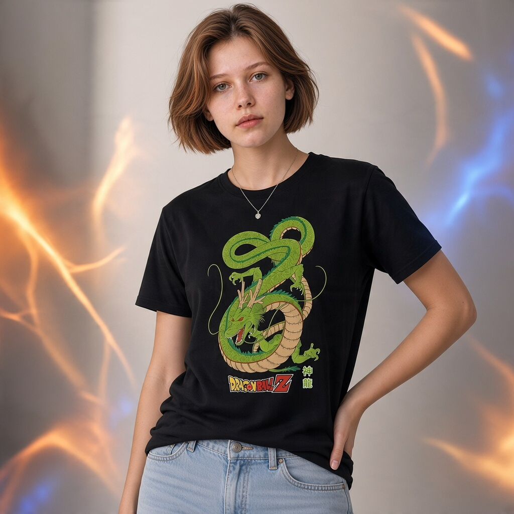 Fans Geek Store black cotton Dragon Ball T-shirt featuring a green Shenron dragon print worn by a young woman