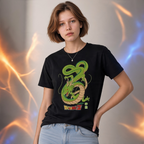 Fans Geek Store black cotton Dragon Ball T-shirt featuring a green Shenron dragon print worn by a young woman