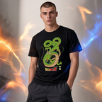Fans Geek Store black cotton Dragon Ball T-shirt featuring Shenron graphic worn by a man with fire effects