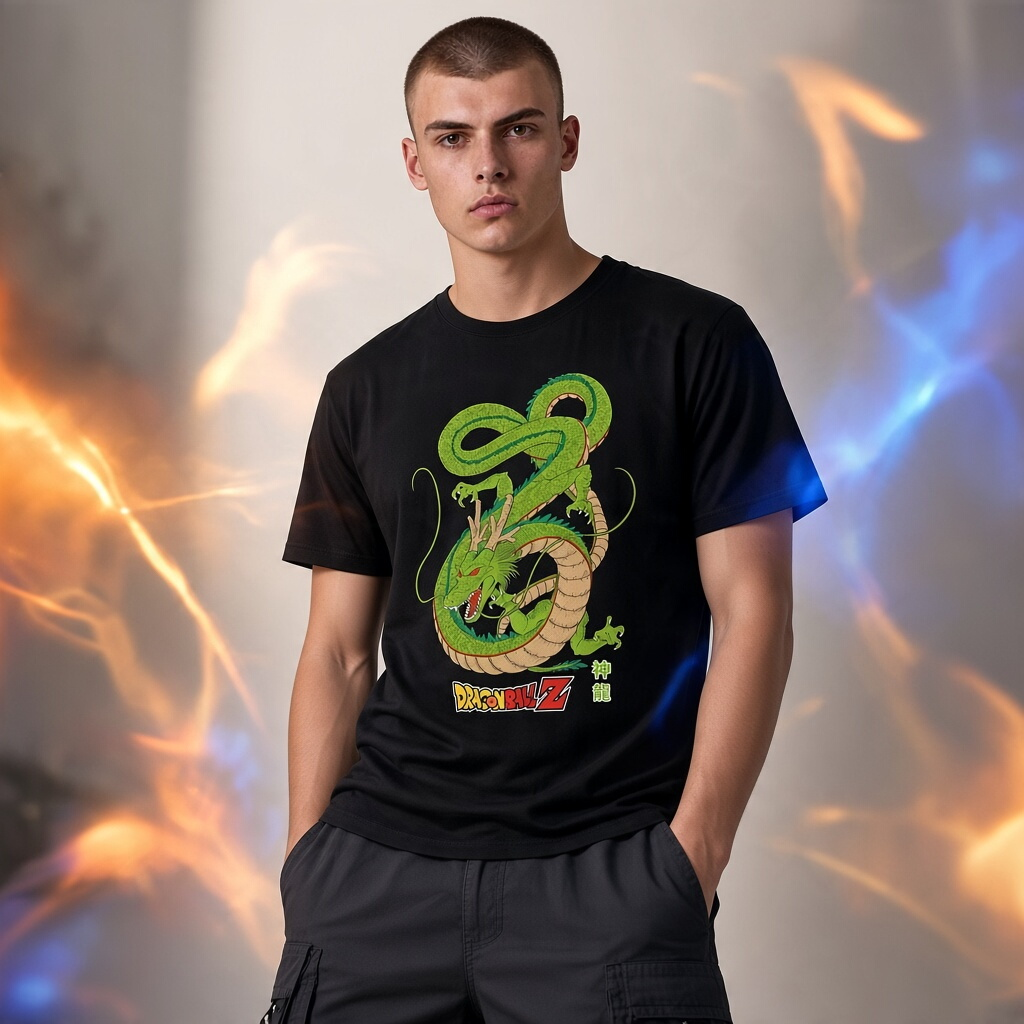 Fans Geek Store black cotton Dragon Ball T-shirt featuring Shenron graphic worn by a man with fire effects