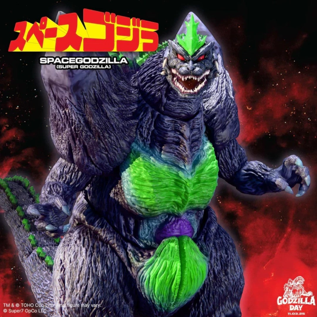 Fans Geek Store Super7 Ultimates 16-bit SpaceGodzilla action figure with detailed purple and neon green accents.