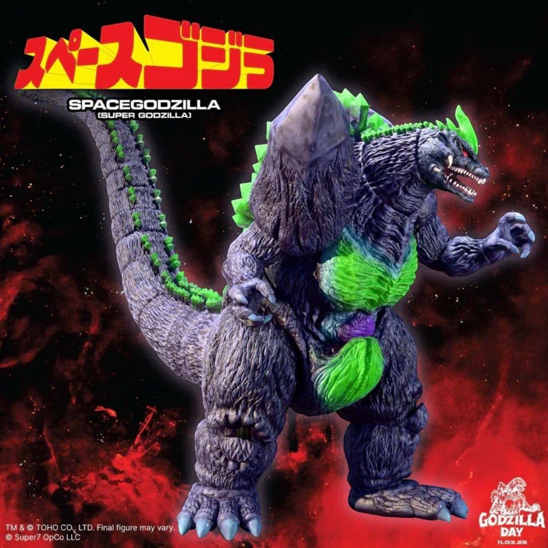 Fans Geek Store Super7 Ultimates SpaceGodzilla 16-bit action figure with green crystals and detailed dark texture.