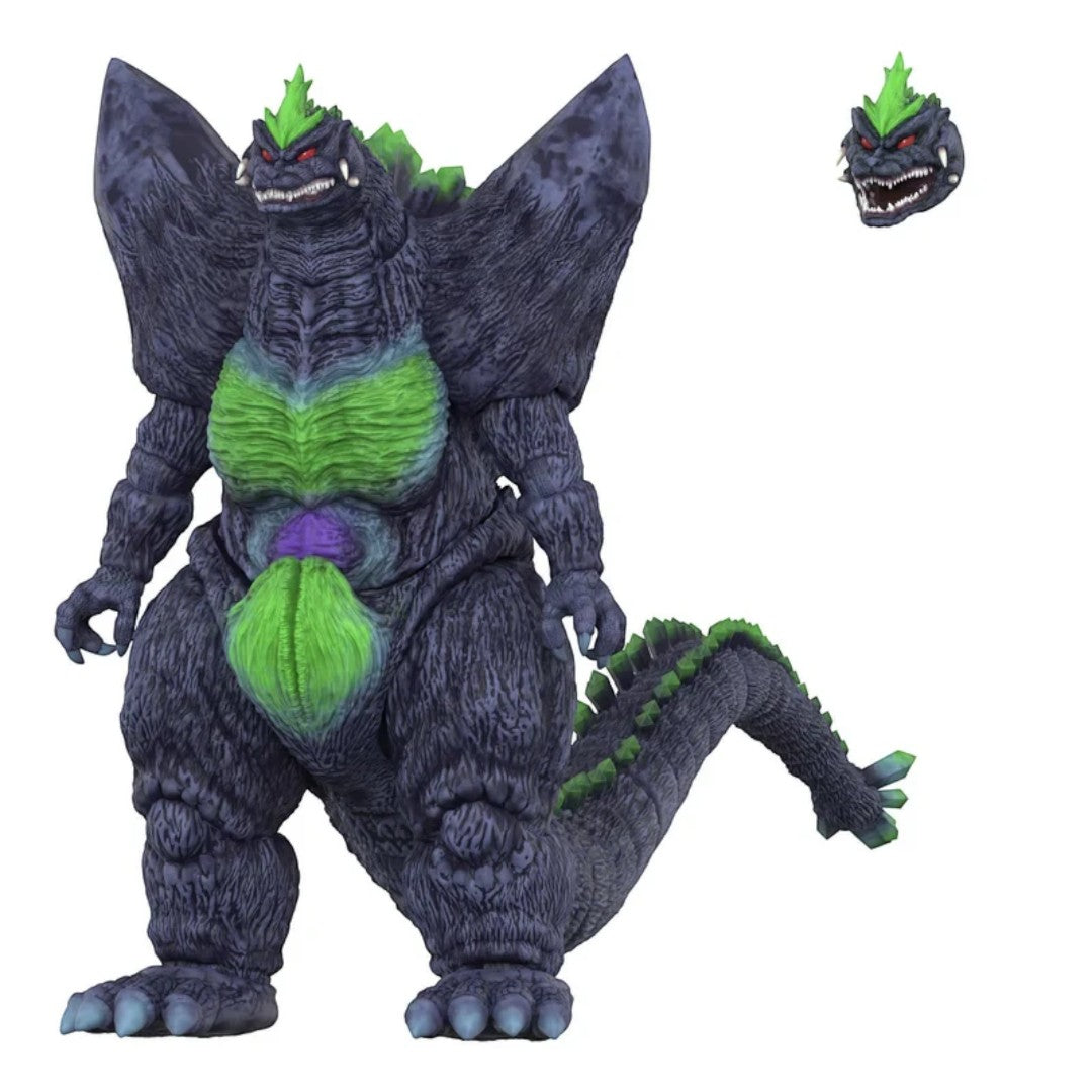 Fans Geek Store Super7 Ultimates 16-bit SpaceGodzilla action figure with purple and green details and extra head.