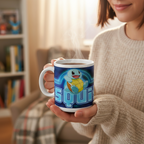 Fans Geek Store ceramic mug featuring a neon-style Squirtle design held by a person in a cozy living room setting.