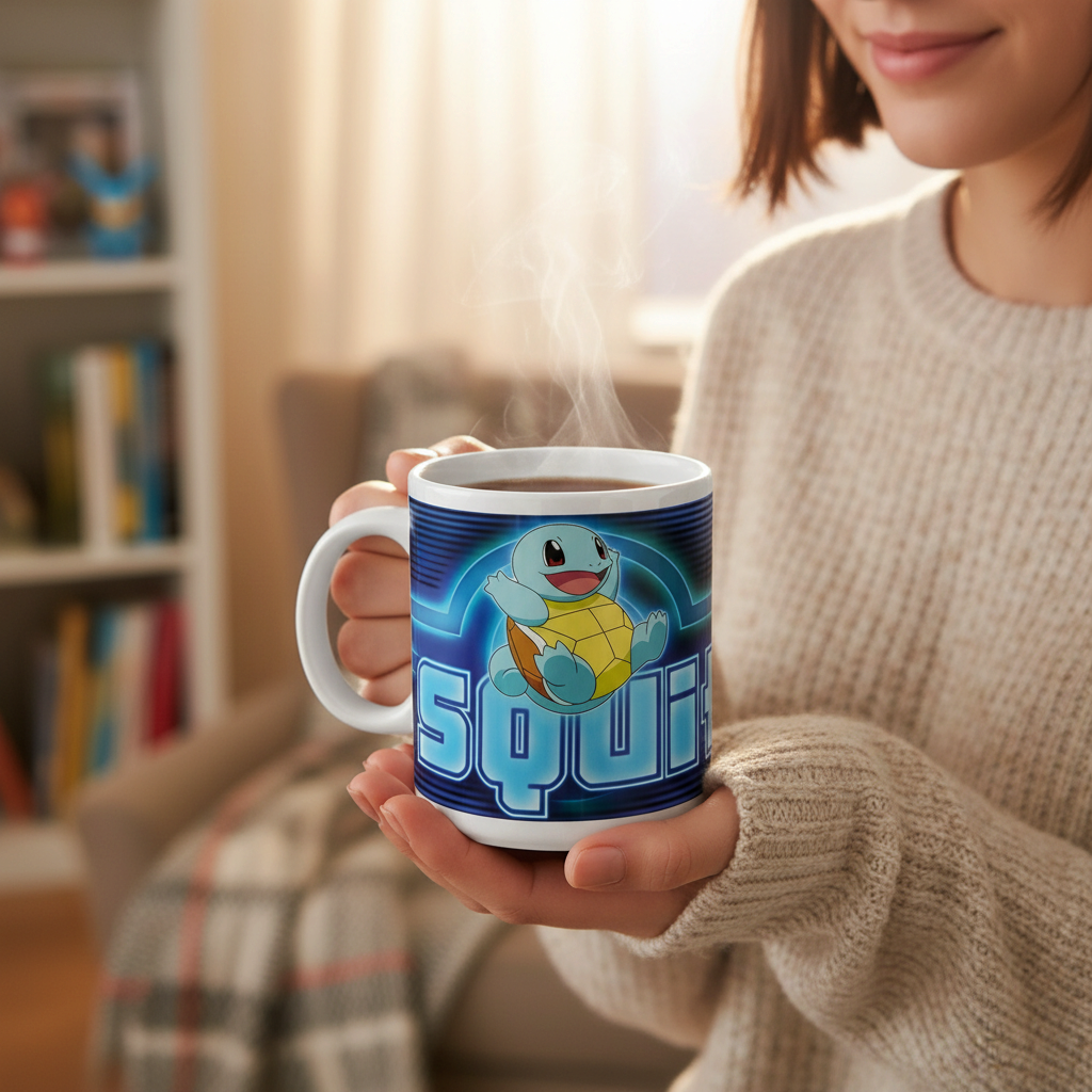 Fans Geek Store ceramic mug featuring a neon-style Squirtle design held by a person in a cozy living room setting.