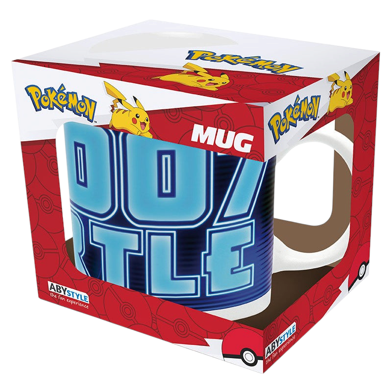 Fans Geek Store ceramic Squirtle mug with blue neon-style typography in branded Pokémon display packaging