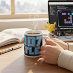 Fans Geek Store ceramic Squirtle mug with blue neon design held by hands on a desk with a laptop and Pikachu figure
