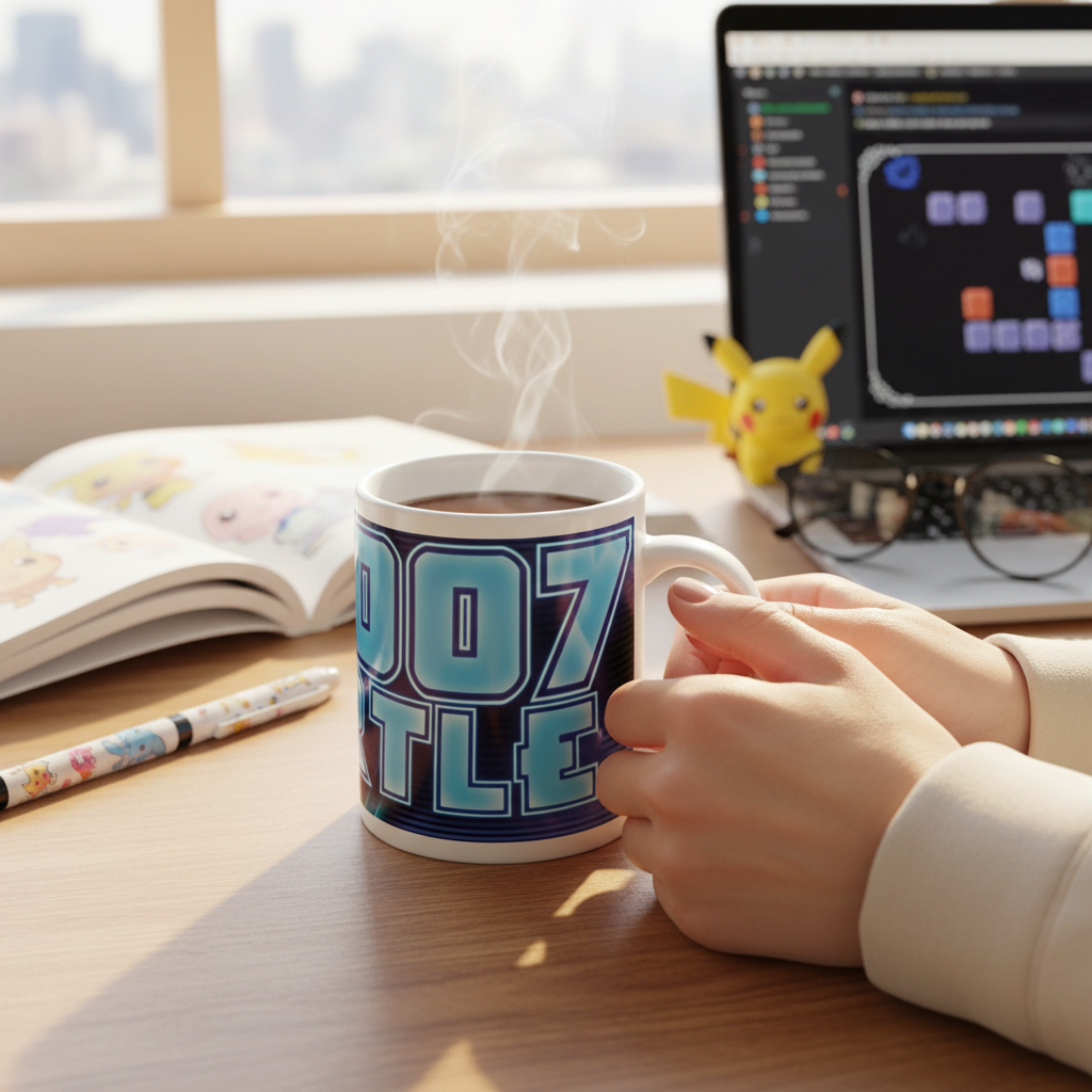 Fans Geek Store ceramic Squirtle mug with blue neon design held by hands on a desk with a laptop and Pikachu figure