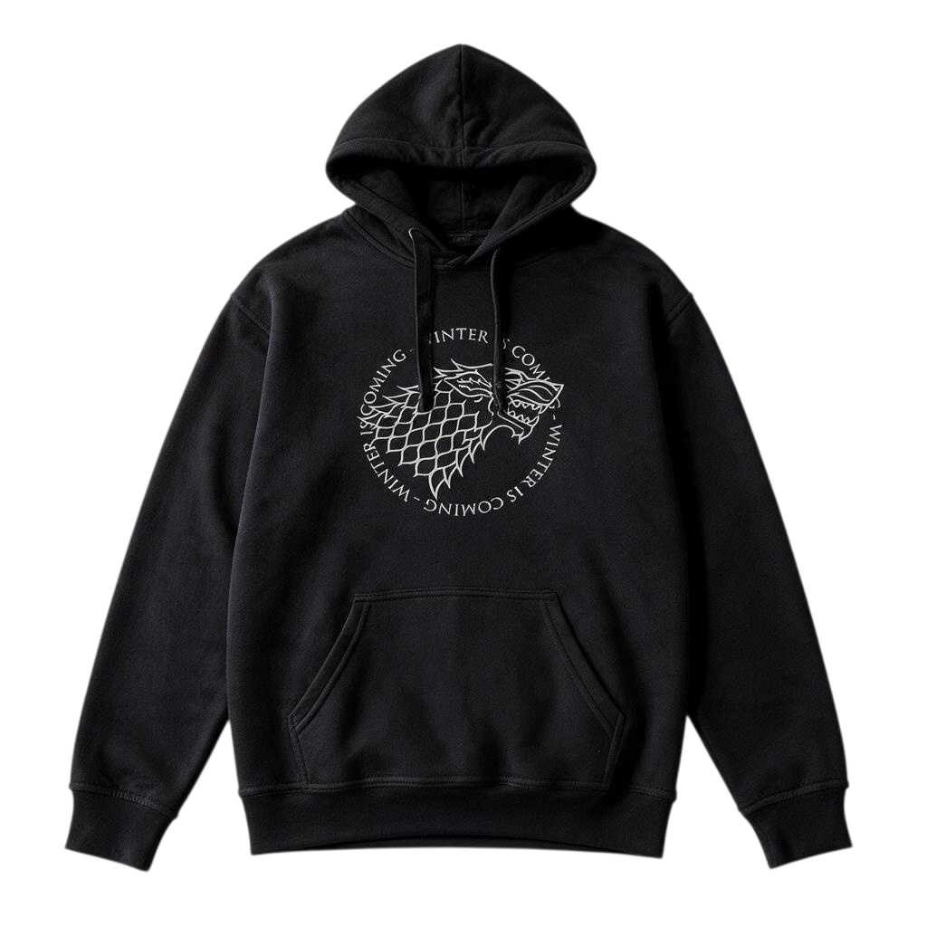Fans Geek Store black Game of Thrones House Stark hoodie with white direwolf sigil and Winter Is Coming text
